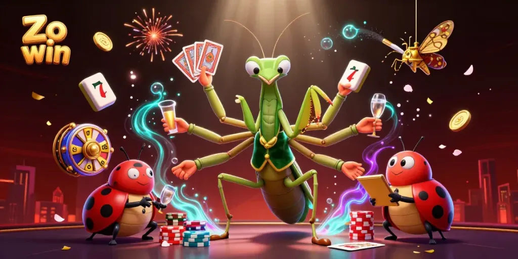 Experience the vibrant world of Zo win with a 3D illustration of a mantis card sharp and ladybug pit boss amidst gaming excitement.