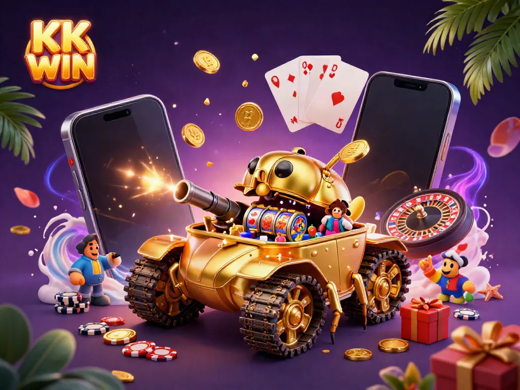 Enter the thrilling world of KK WIN, featuring a golden beetle tank casino and vibrant gaming elements.
