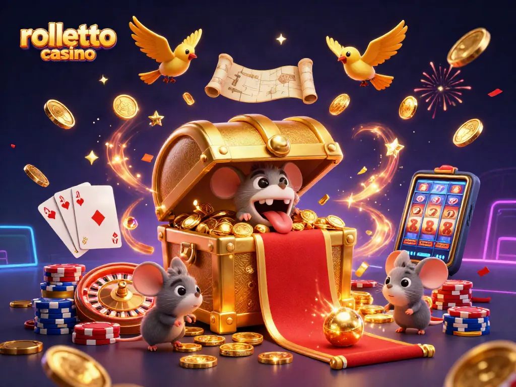 Experience excitement with rolletto casino's dynamic treasure chest scene filled with gold and games.