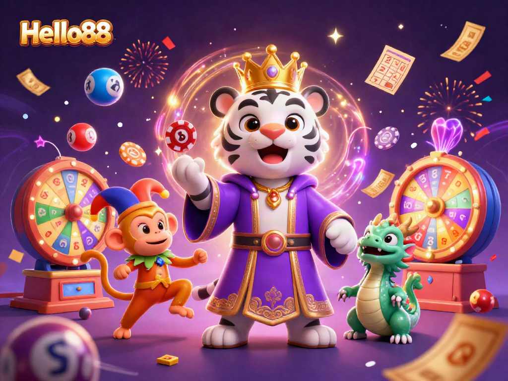 Engage with Hello88's vibrant lottery scene featuring characters and dynamic gaming elements.