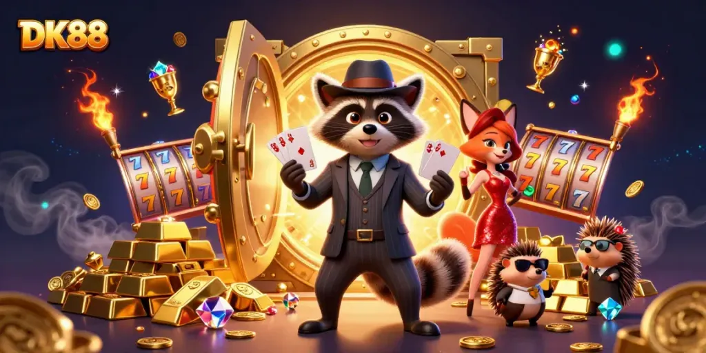 Experience thrilling gameplay with DK88 as a suave raccoon, a fox lady, and a hedgehog celebrate wins amidst gold and jewels.