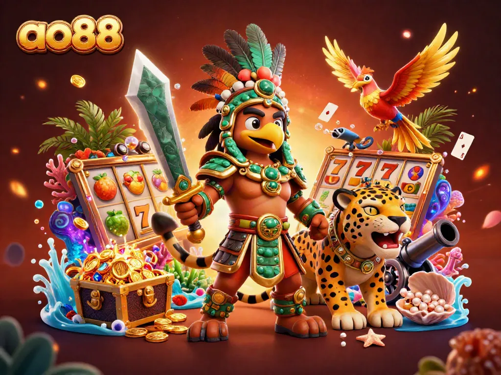 Ao88's dynamic casino illustration showcases an Aztec warrior, jaguar, and vibrant game elements for players.