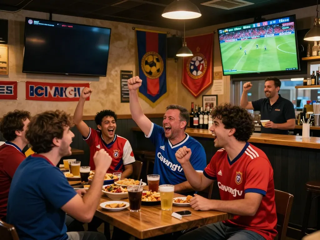 Fans enjoying a live football match on Gavangtv at a lively sports bar.