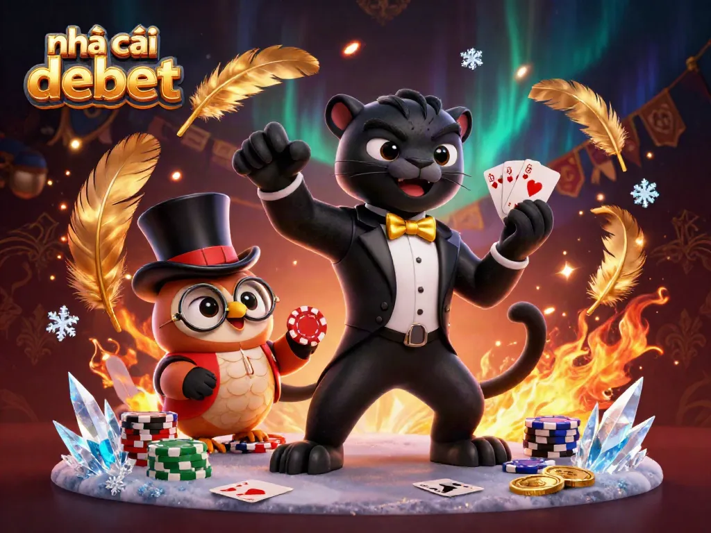 Experience the excitement at nhà cái debet with playful characters in a vibrant casino setting, showcasing card games and fortune.