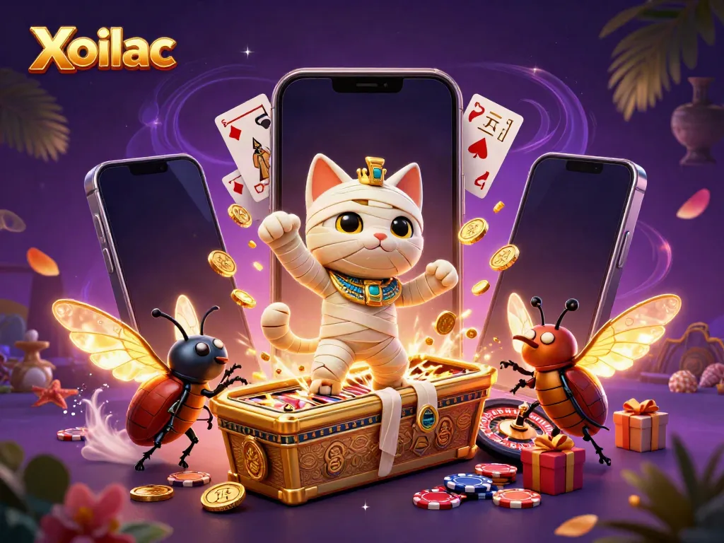 Experience thrilling gameplay with Xoilac's vibrant 3D casino scene featuring a mummy cat.
