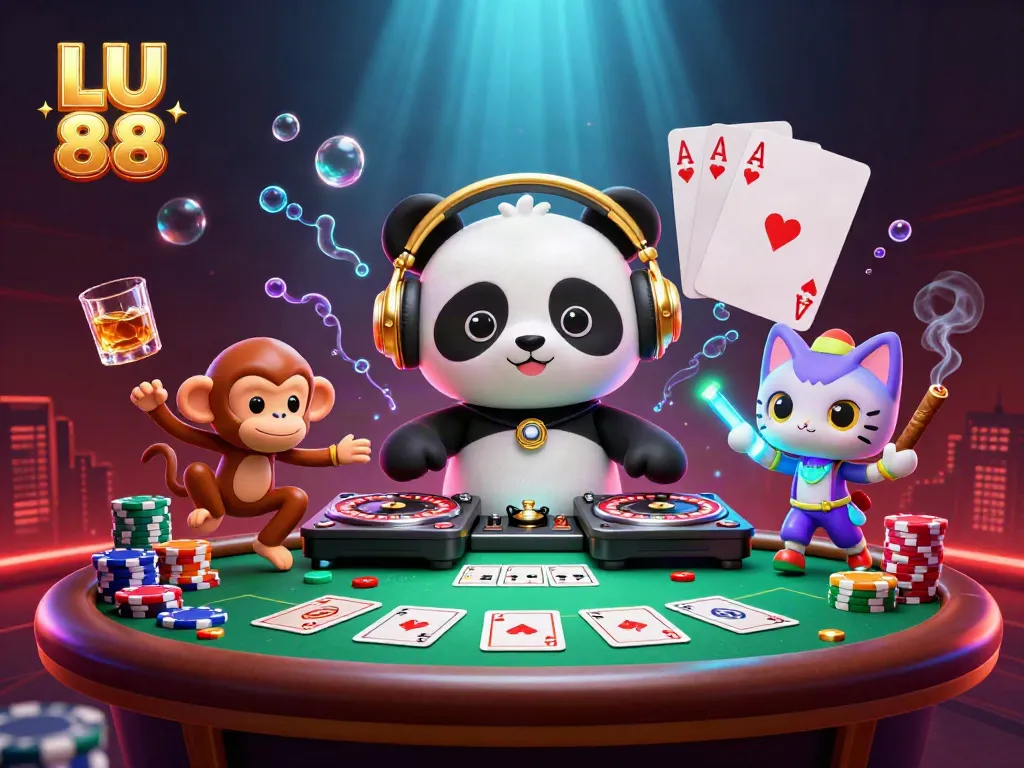 Join the thrill at LU 88 with vibrant characters and lively casino elements in a dynamic digital scene.