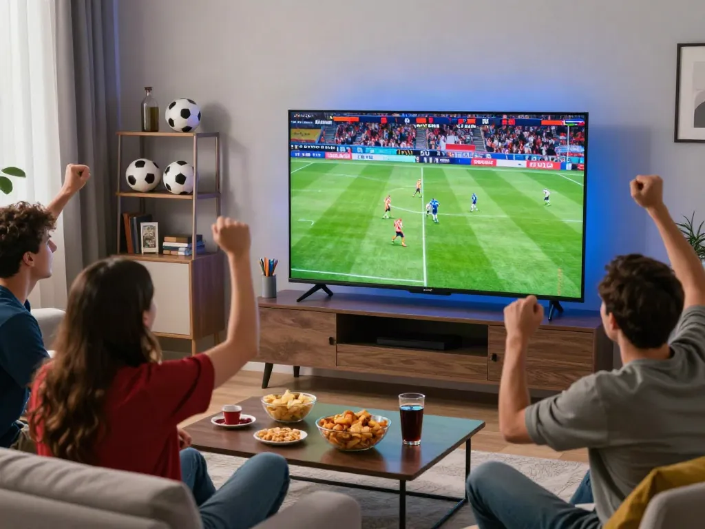 Friends enjoying a live soccer match while using Socolive for streaming entertainment.