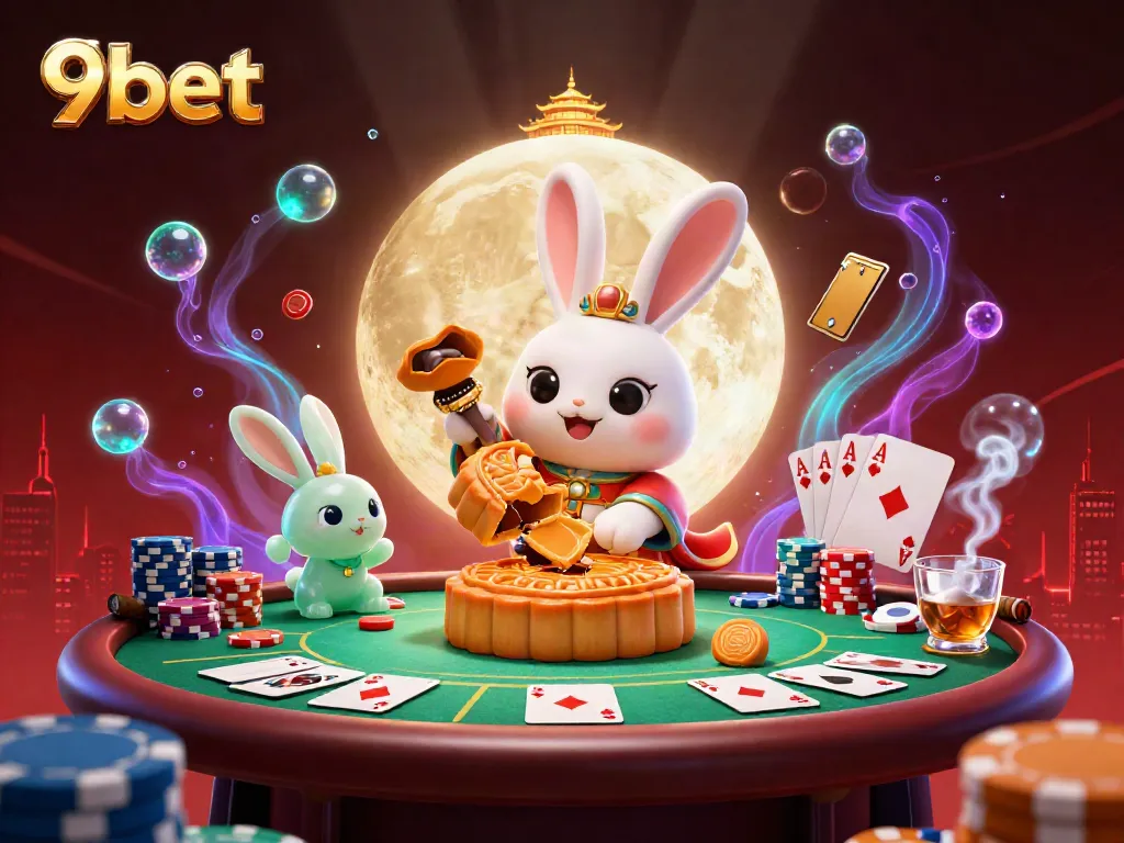 Play poker with 9bet as the moon rabbit creates exciting chances in a vibrant casino-themed scene.