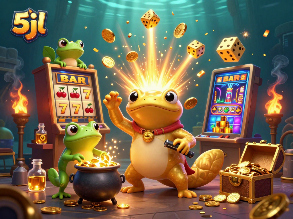 Experience the magic of the 5jl casino world with an alchemist transforming coins in a vibrant scene