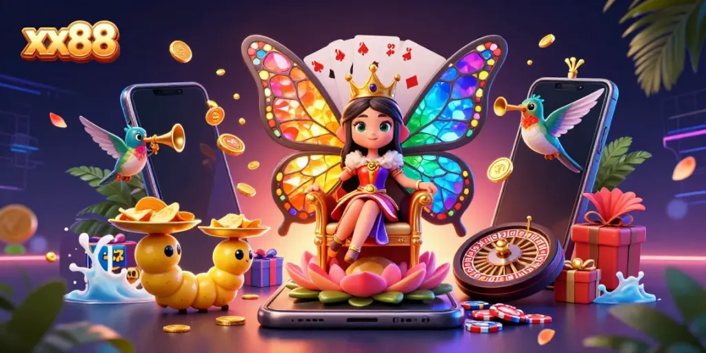 Play and win at xx88's vibrant casino with a butterfly queen surrounded by slot games and rich rewards.