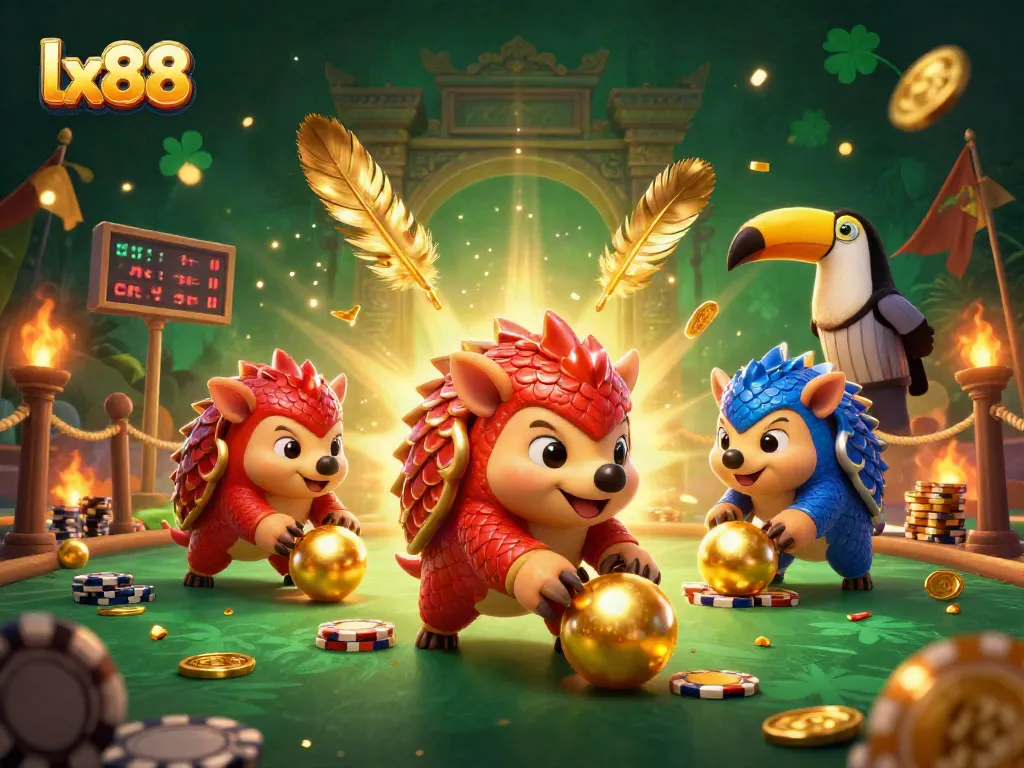 Experience thrilling gameplay with lx88 as pangolins roll into gold chips in a vibrant casino scene.