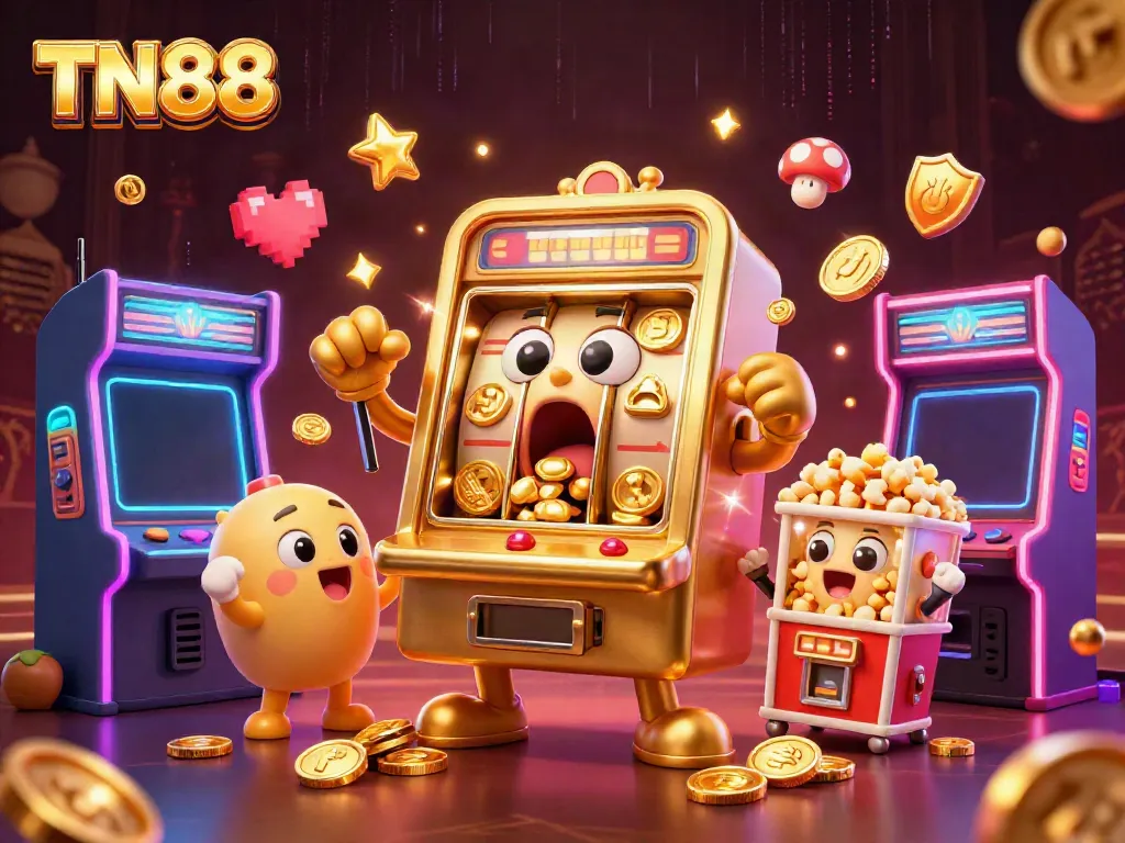 Experience the excitement of TN88 as a golden slot machine hits a jackpot, surrounded by cheering machines and vibrant game elements.