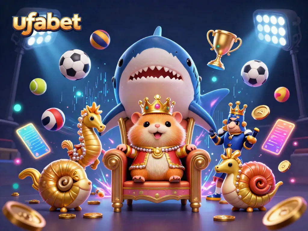 Engage with ufabet's vibrant casino scene featuring a fierce hamster king on a throne, evoking excitement.