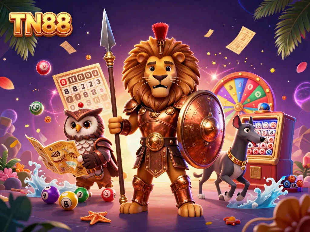 Experience TN88's vibrant casino adventure with thrilling lottery balls and heroic characters.