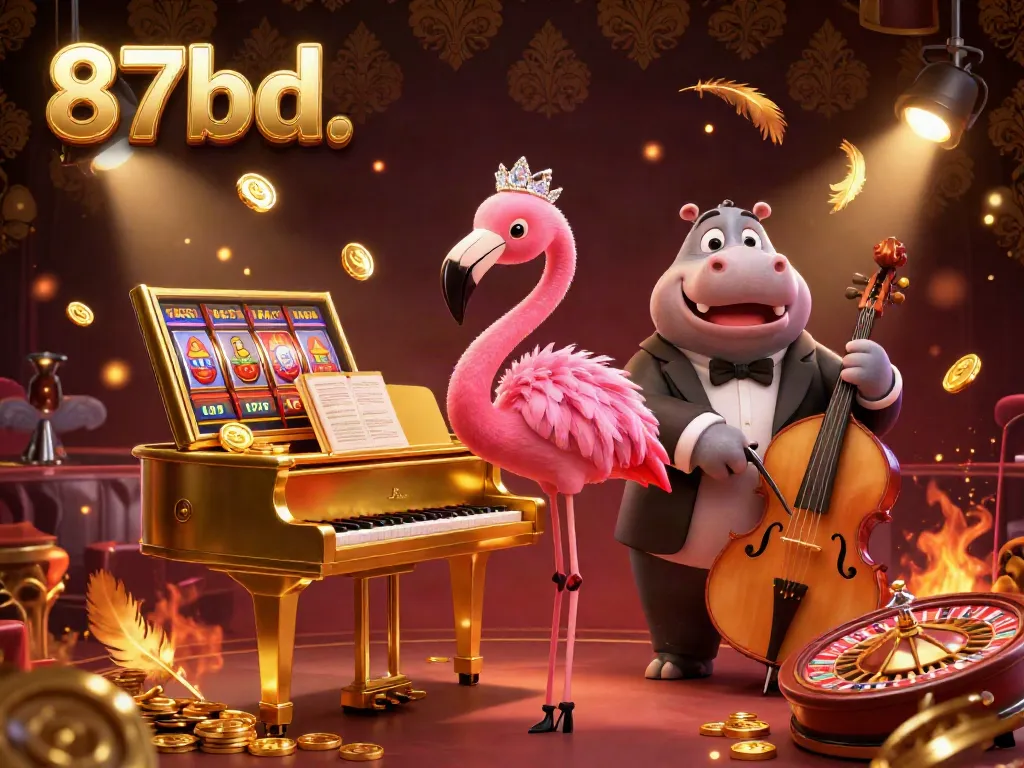 Experience the vibrant energy of 87bd with cartoon characters embodying casino excitement and intricate game elements.