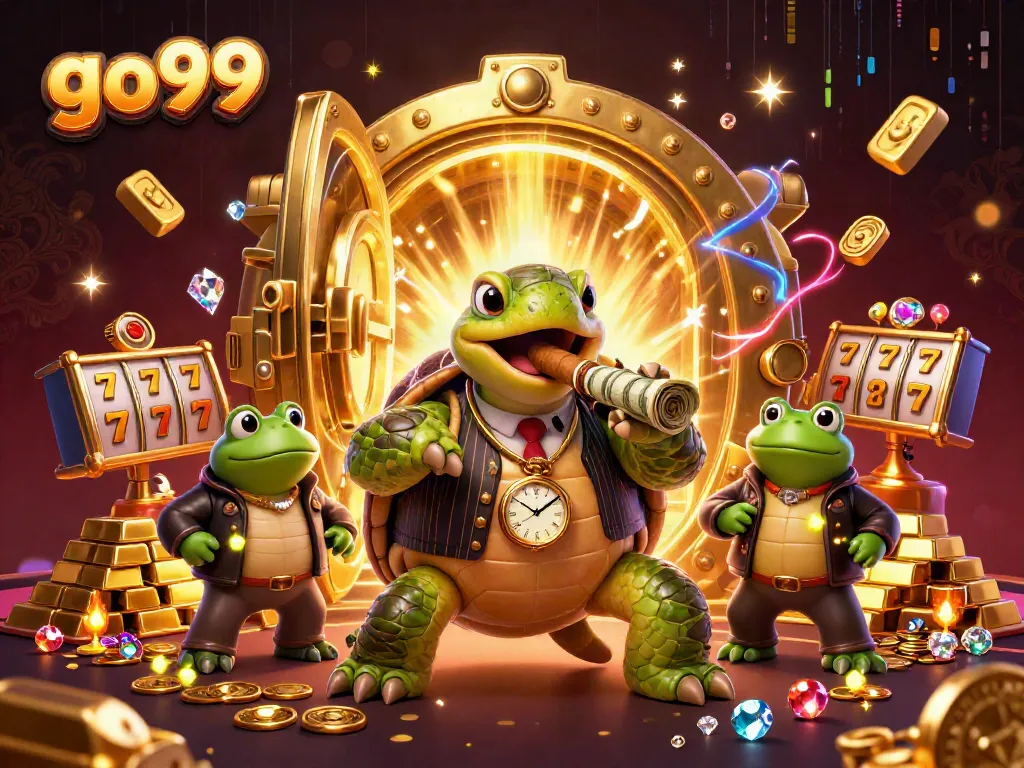 Experience a thrilling game scene with go99 featuring a turtle mobster with its enforcers in a treasure-filled casino ambiance.