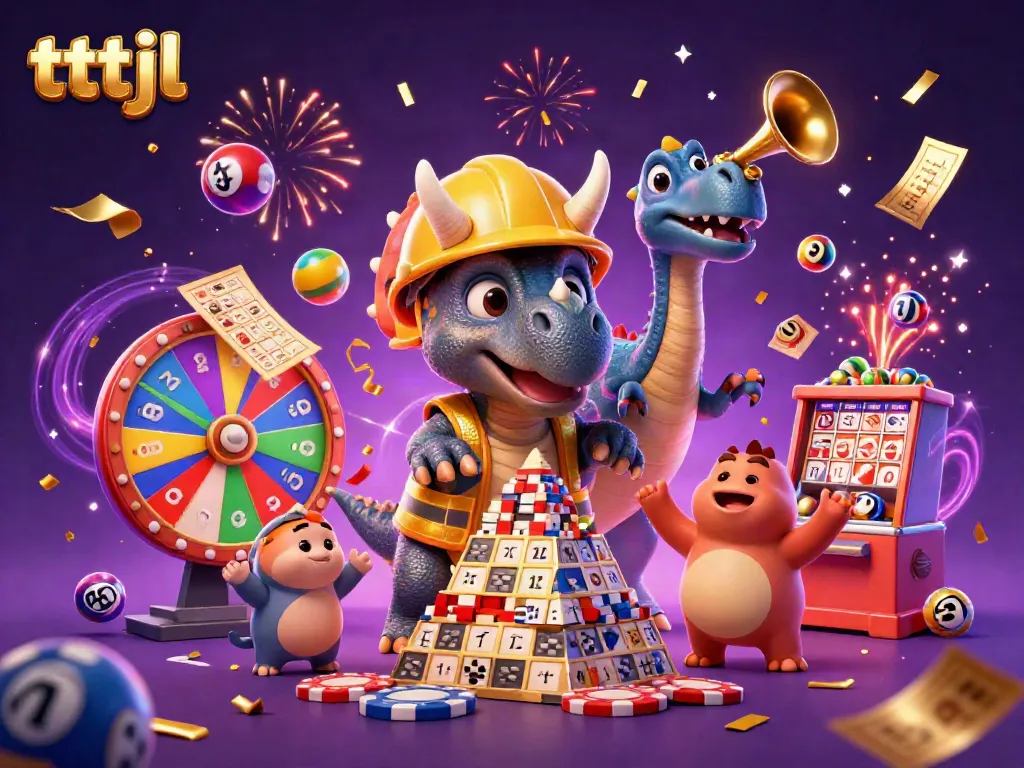 Join the excitement with TTTJL as a triceratops builds poker chip pyramids amid colorful lottery drawings.