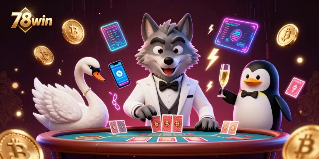 Engage in exciting betting action with 78win as a wolf, swan, and penguin enjoy a vibrant casino scene.