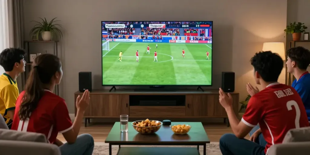 Friends enjoying a live football match on Thapcamtv in a cozy living room.