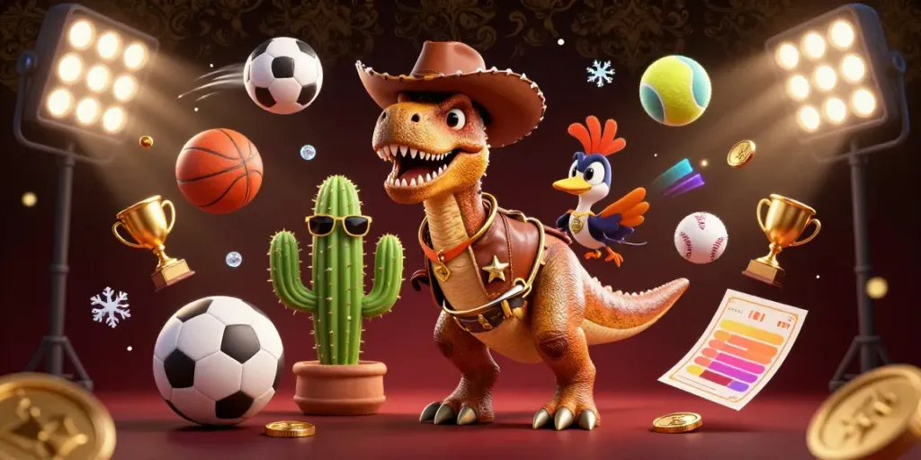 Experience exciting gaming with ko66a as a cartoon T-Rex and friends enjoy dynamic sports elements and vibrant action.