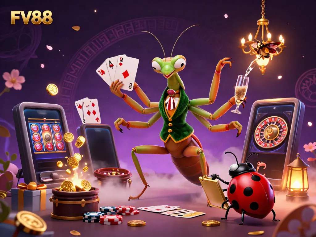 Experience dynamic casino action with FV88's colorful gaming scene featuring a giant praying mantis and a ladybug pit boss.