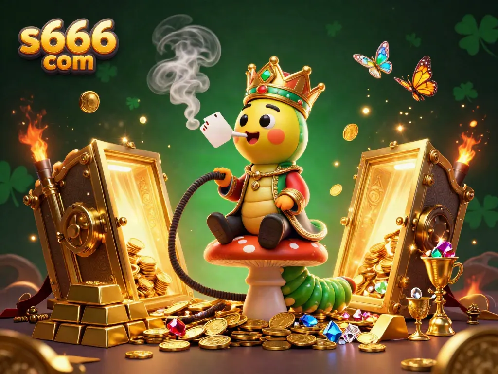 Experience the excitement of s666 com with a vibrant 3D casino scene featuring a unique caterpillar character and treasures.