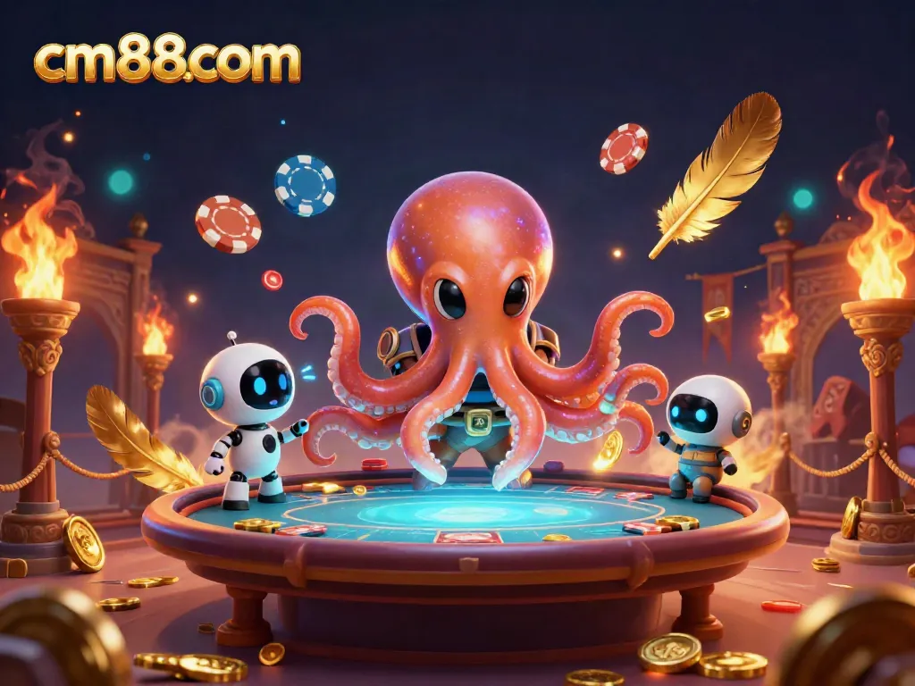 Engage in thrilling poker action with cm88com's alien octopus dealer and dynamic holographic elements.