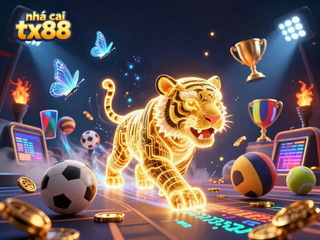 Experience the vibrant digital landscape of nhà cái tx88, featuring a golden tiger and holographic companions in an exciting casino setting.