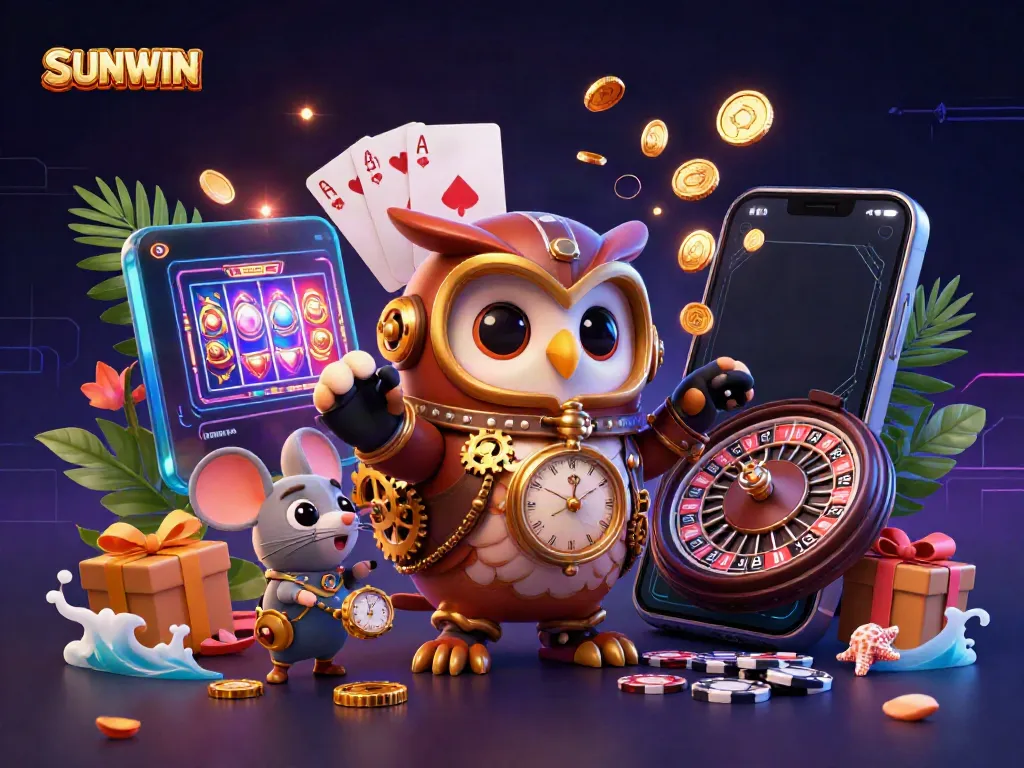 SUNWIN showcases a vibrant 3D cartoon scene with a steampunk owl, slot games, and casino elements.