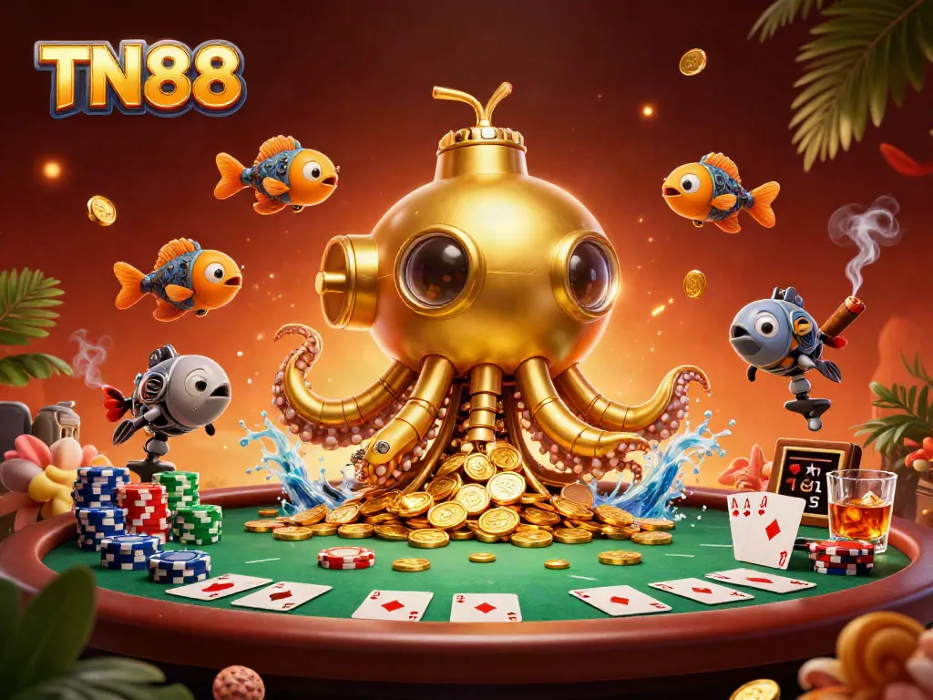 Experience the thrill of TN88 as the golden kraken submarine hybrid rises amidst a sea of coins and poker excitement.