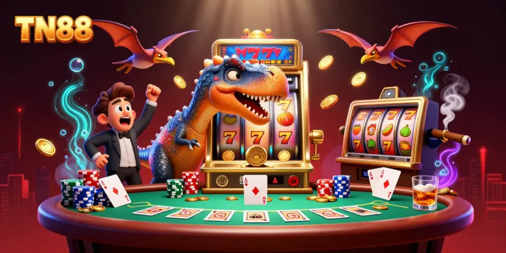 TN88 brings excitement to a casino scene with vibrant slot machines and animated dinosaurs.