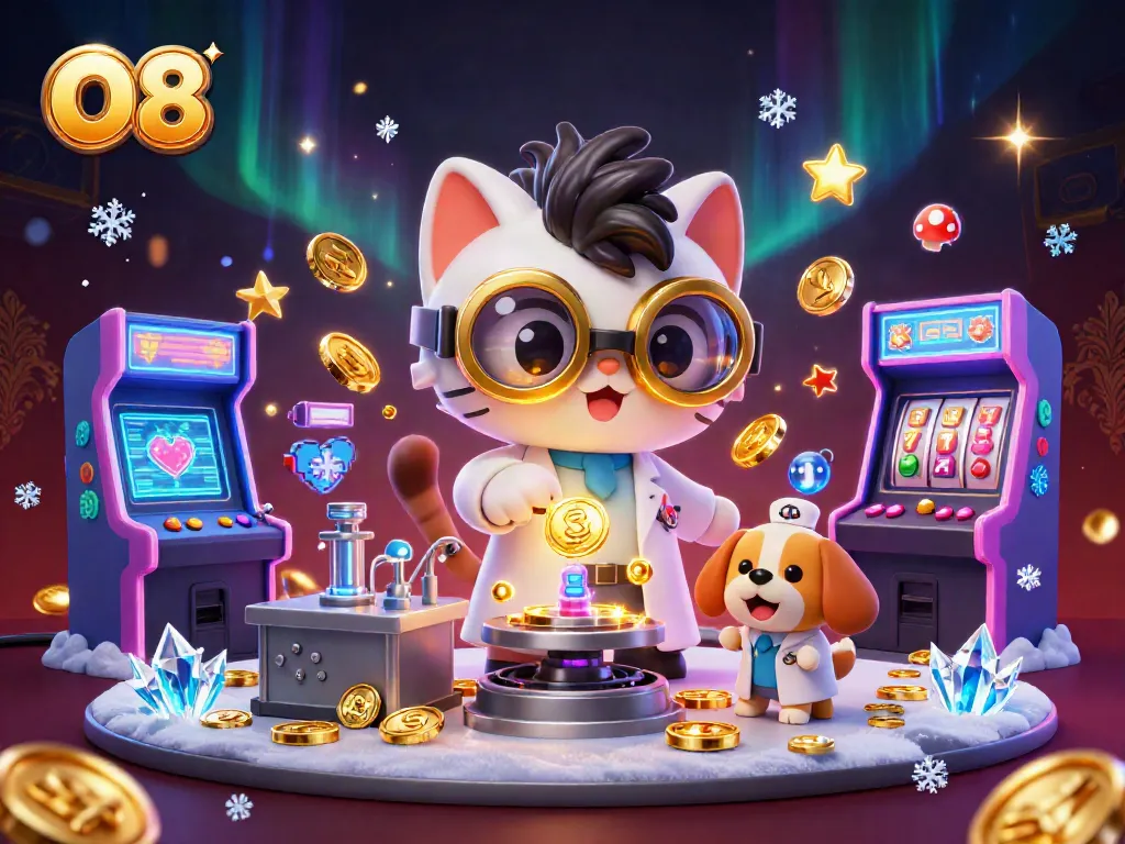Spin and win at O8 with a cartoon scientist and dog creating riches in a vibrant casino scene.