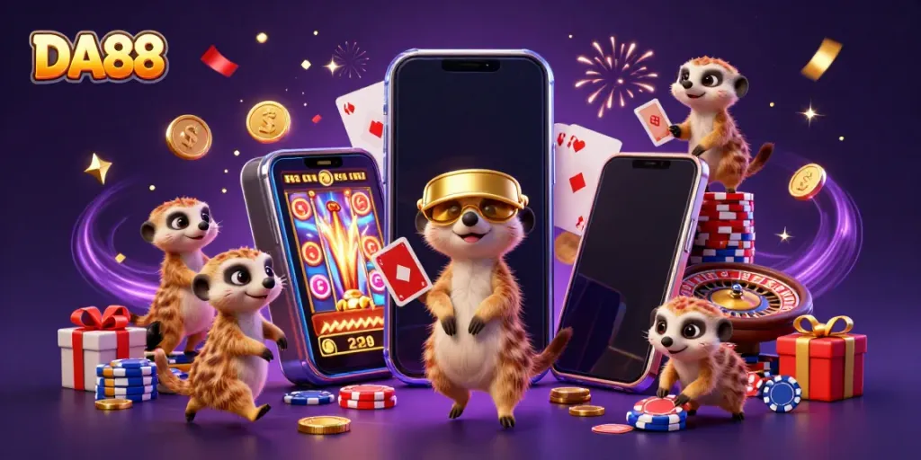 Celebrate winnings at DA88 with cartoon meerkats managing a vibrant casino scene filled with games and excitement.