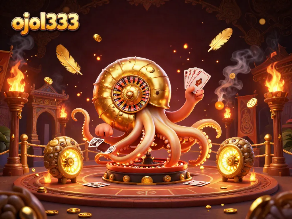 Spin the ojol333 roulette with a giant nautilus holding cards in a vibrant casino scene.