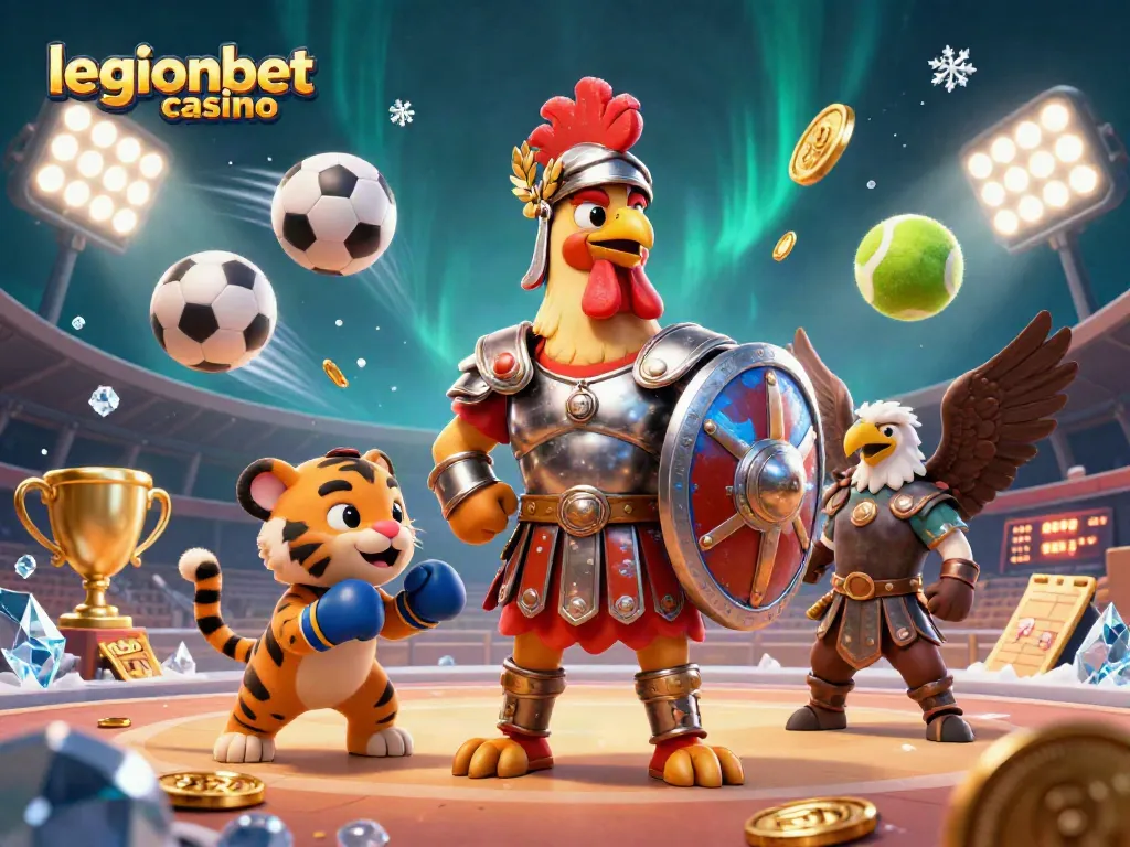 Experience thrilling action at legionbet casino with a vibrant 3D scene of a gladiator rooster and dynamic game elements.