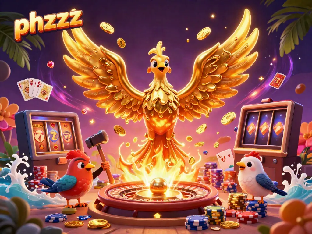 Experience excitement with phzzz as molten gold and coins flow through the vibrant casino scene.