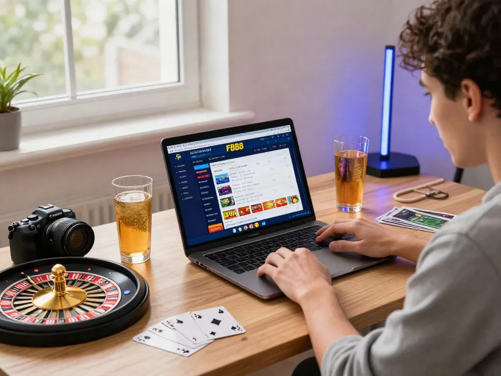 Engaging scene representing online betting experience at https://fb88mx.com/ with a player in a stylish home office surrounded by gaming accessories.