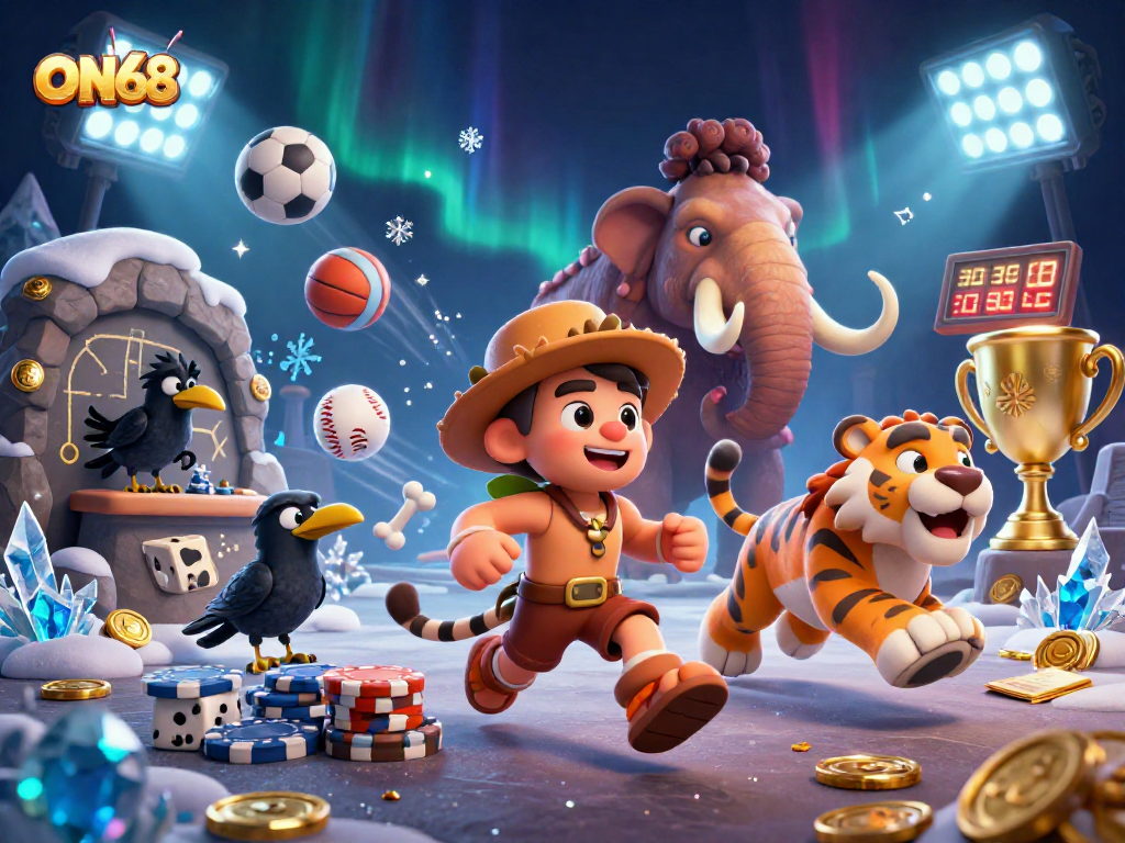 Engage in thrilling gameplay at ON68 with a dynamic prehistoric casino scene featuring sports betting elements.