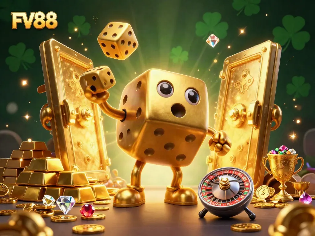 Experience FV88's lively casino ambiance with a golden dice golem and magical treasures.