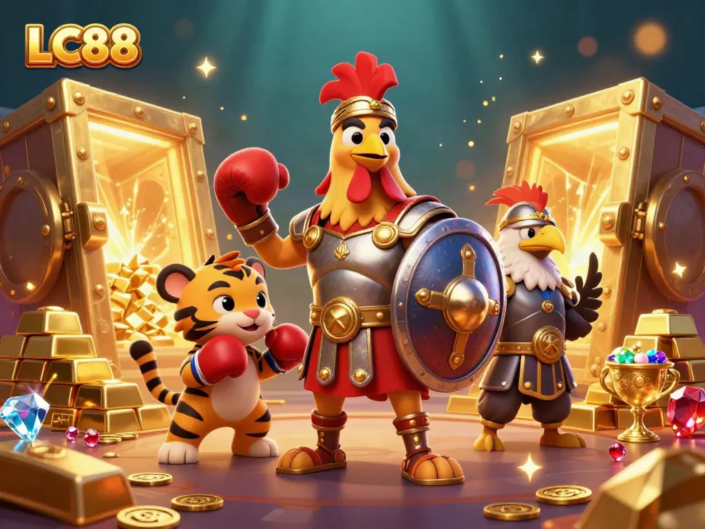 LC88 themed illustration showcasing a vibrant casino scene with dynamic characters and treasure elements.