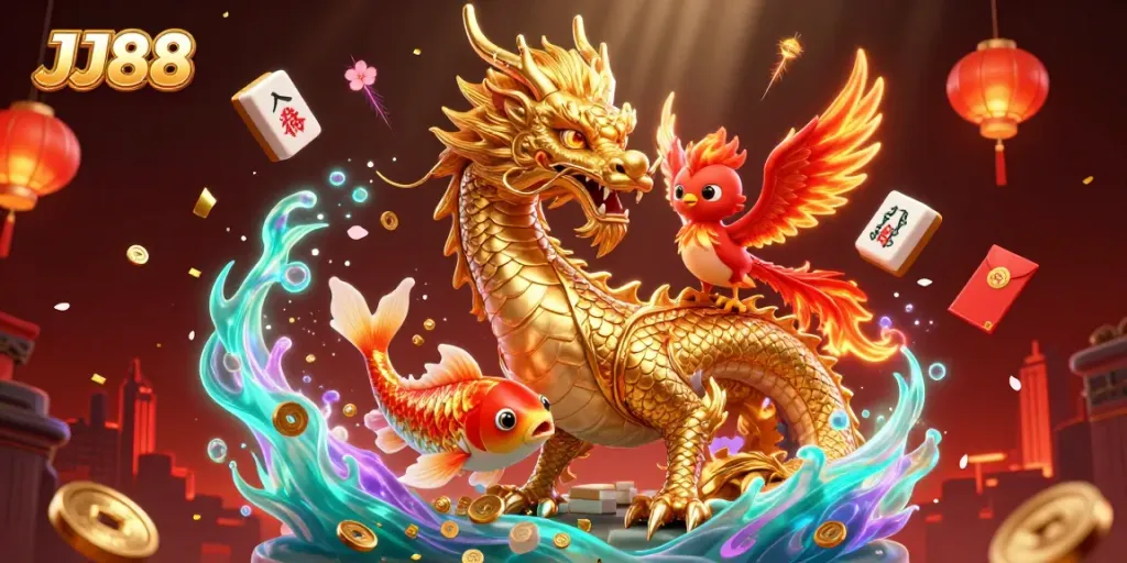 Experience the excitement of JJ88 with a vibrant 3D scene featuring mystical creatures in a gambling atmosphere.
