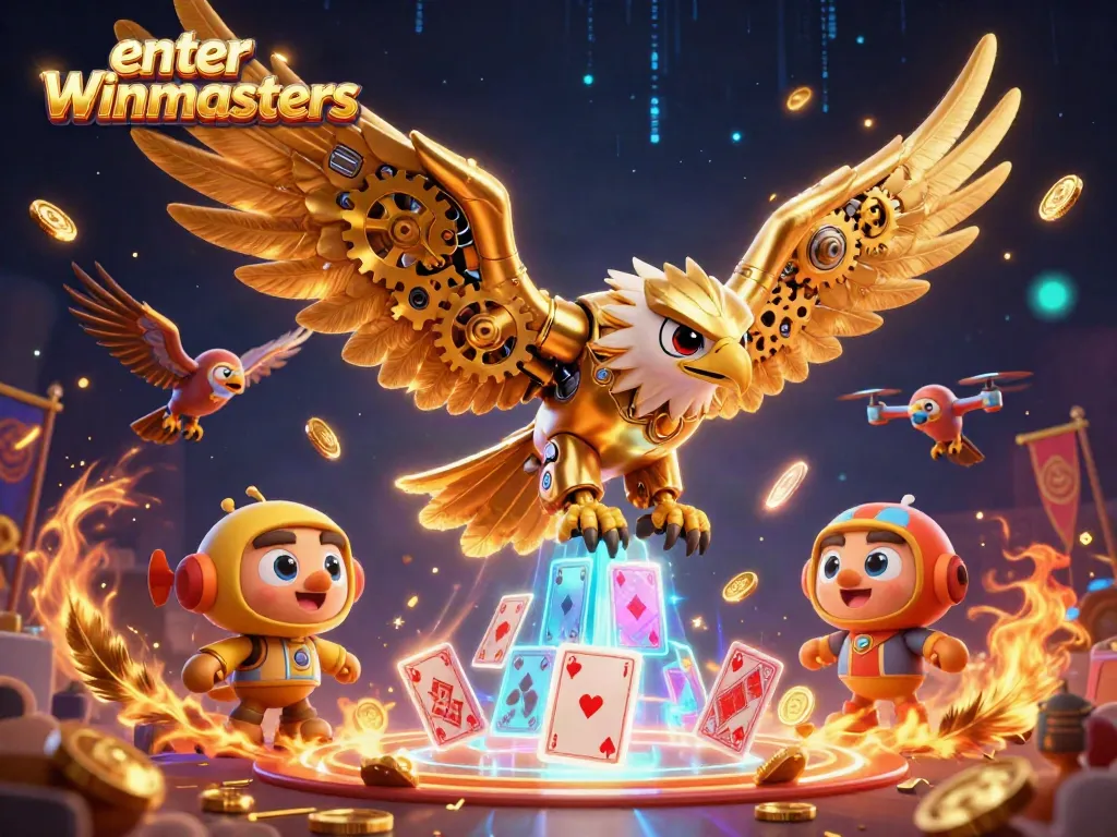 Enter Winmasters with a 3D golden eagle soaring through colorful playing cards and casino elements.