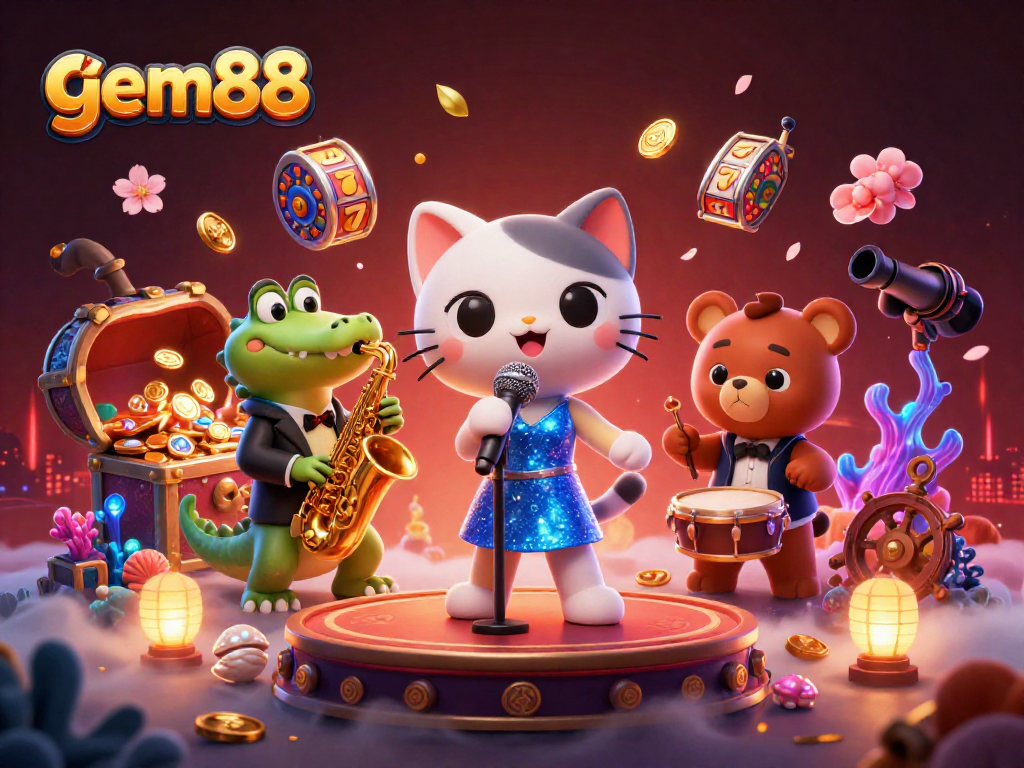 Experience the thrill at gem88 with vibrant 3D characters engaging on stage amidst sparkling casino elements.