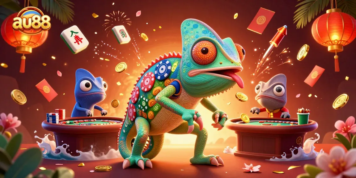 A vibrant 3D casino scene featuring au88's animated chameleon owner, surrounded by winning game elements