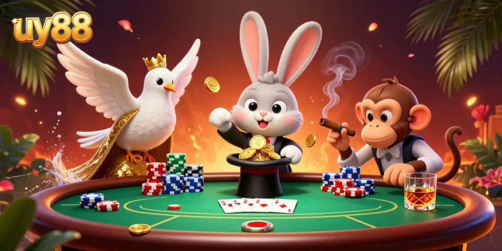 Engaging uy88 illustration of a magician rabbit, assistant dove, and monkey amongst gambling elements.