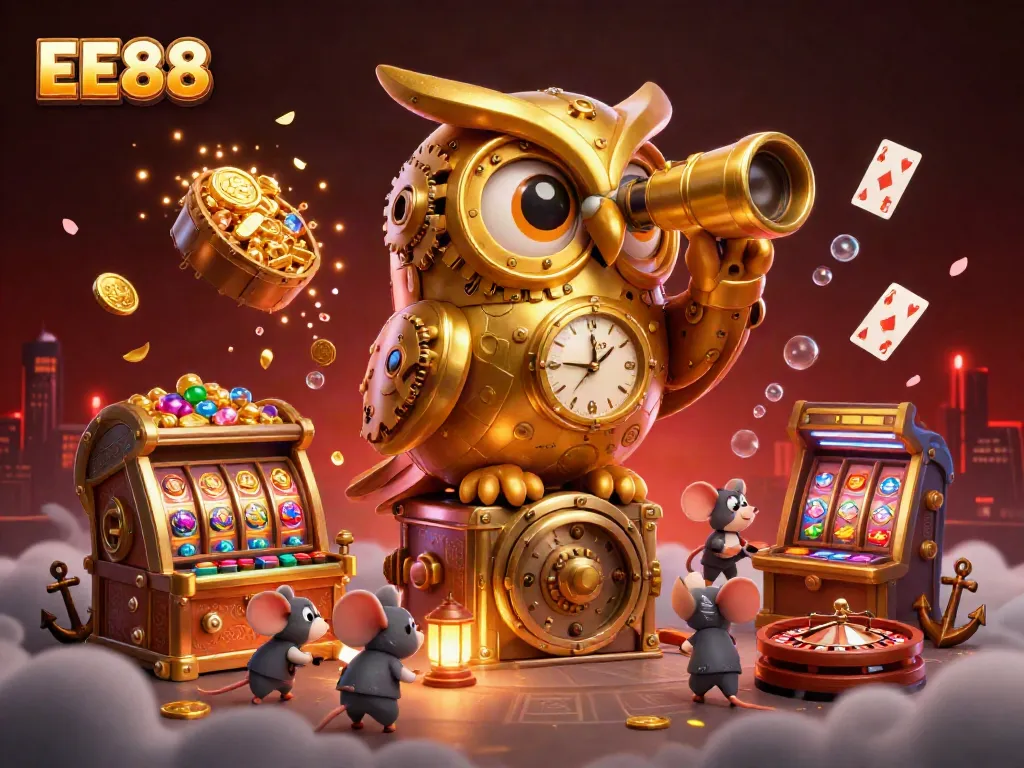 EE88 casino scene featuring golden owl and slot machines with vibrant treasures.