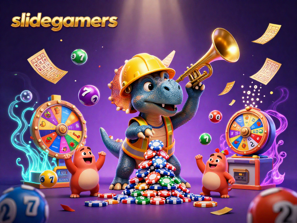 Experience winning moments with slidegamers as a triceratops builds a chip pyramid amidst vibrant casino elements.