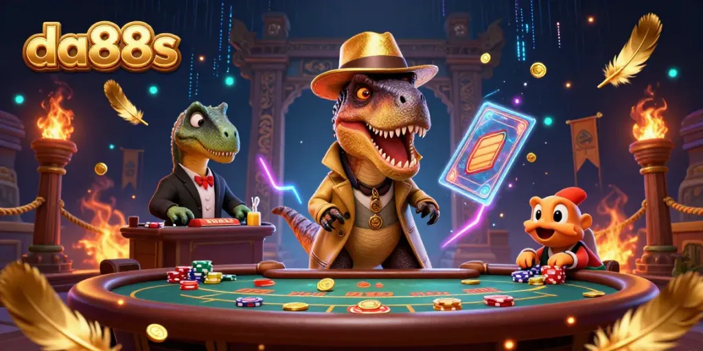 da88s brings excitement as a raptor card counter engages at blackjack in a vibrant casino scene.