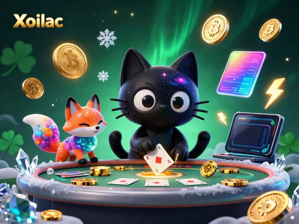 Xoilac cat pulls in winning chips at a cosmic casino table in a vibrant digital world.