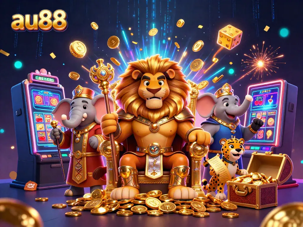 Experience the thrill of winning with au88 as a lion king, elephant advisor, and cheetah messenger surround a dynamic casino scene.
